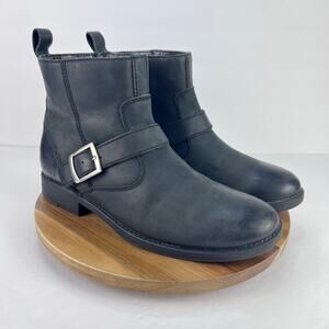 Clarks Men's Black Leather Side Zip Distressed Buckle Strap Ankle Moto Boots 7